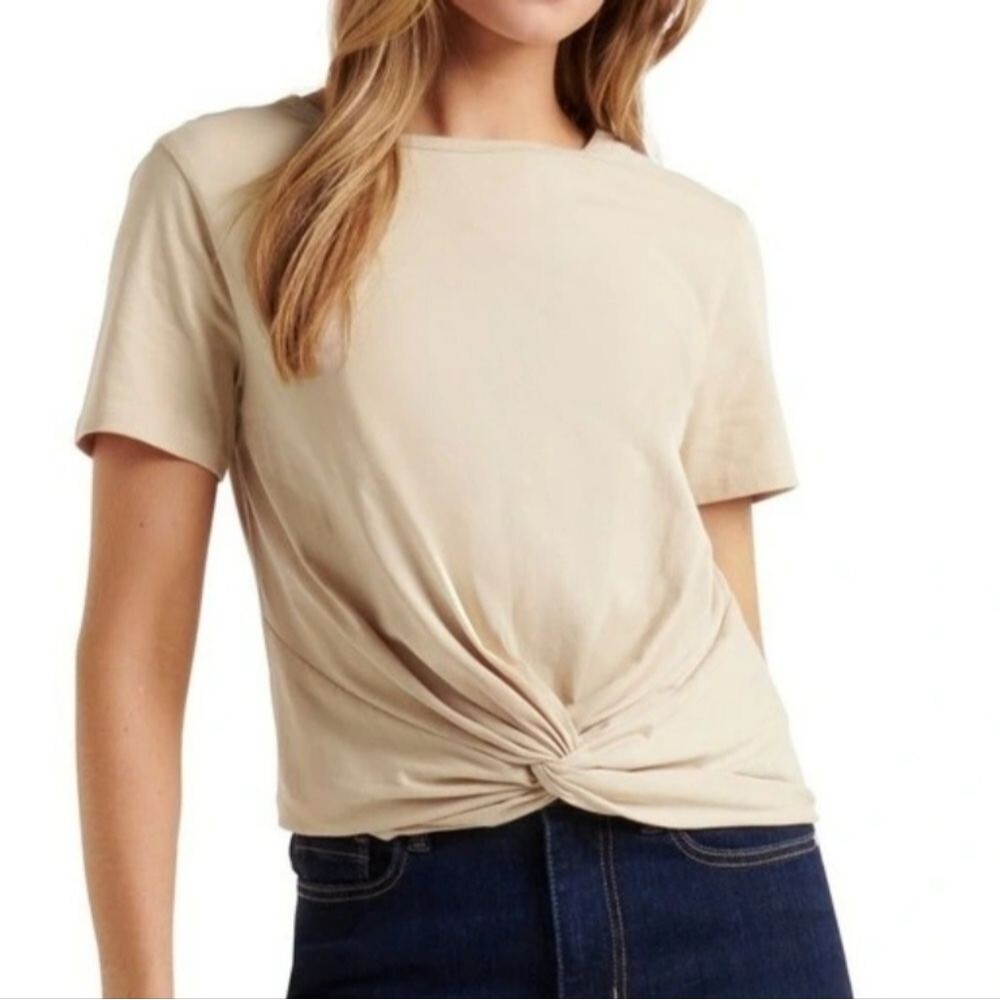 Jinkesi (Amazon) Tan Short Sleeved Twist Front Cropped Short Slv Tee, L